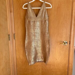 Venus Gold Metallic Ribbed Bodycon V Neck Mini Dress Women's Size Medium